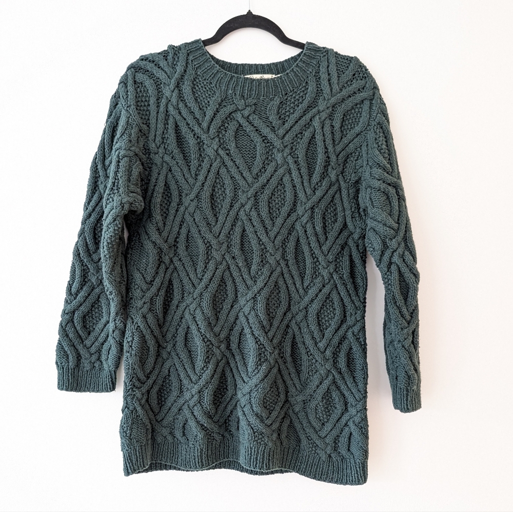 Eddie Bauer Vintage Cotton cable knit thick green tunic sweater size Small